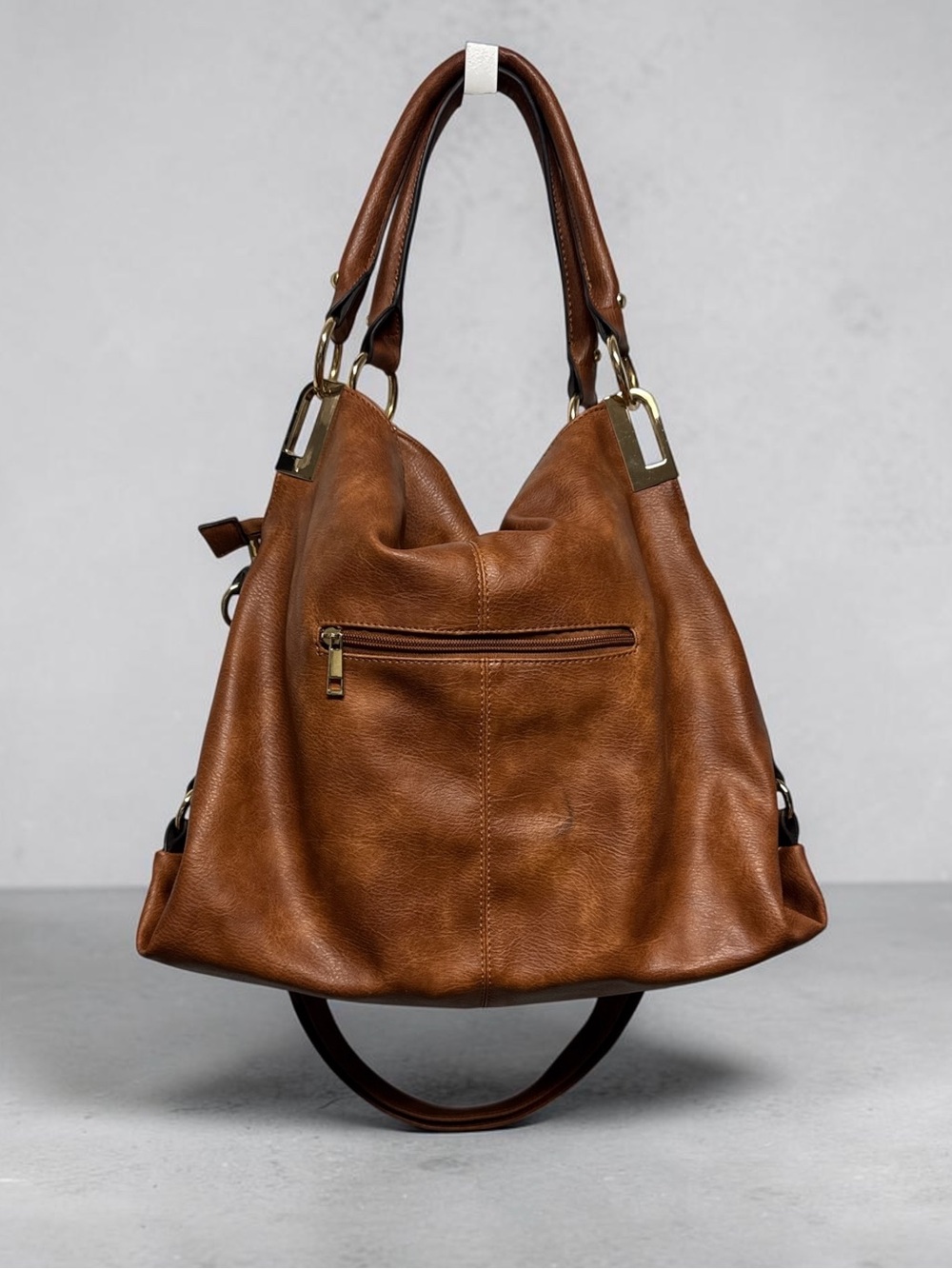Brown Faux Leather Hobo Shoulder Bag Studded Zip Multi Compartment Large Purse